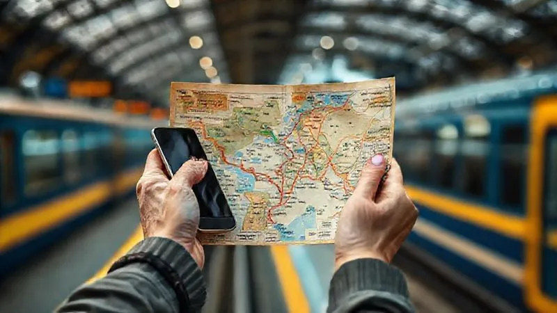 Photorealistic image of a traveler's hands holding a vintage map and a smartphone, highlighting eco-friendly routes and budget apps, set against a blurred background of a bustling train station. Professional photography, 8K, cinematic lighting, sharp focus, depth of field, shot on a high-end DSLR. Photorealistic image of a traveler's hands holding a vintage map and a smartphone, highlighting eco-friendly routes and budget apps, set against a blurred background of a bustling train station. Professional photography, 8K, cinematic lighting, sharp focus, depth of field, shot on a high-end DSLR.