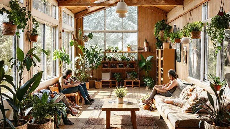 Photorealistic image of a cozy, minimalist hostel common area with natural light, plants, and travelers from diverse backgrounds sharing stories. The architecture features sustainable materials like wood and recycled elements. Professional photography, 8K, cinematic lighting, sharp focus, depth of field, shot on a high-end DSLR. Photorealistic image of a cozy, minimalist hostel common area with natural light, plants, and travelers from diverse backgrounds sharing stories. The architecture features sustainable materials like wood and recycled elements. Professional photography, 8K, cinematic lighting, sharp focus, depth of field, shot on a high-end DSLR.