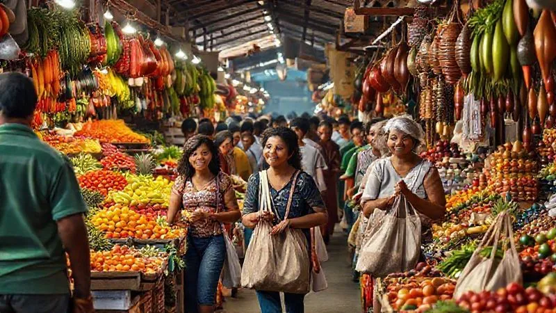 Photorealistic image of a vibrant, bustling local market in a developing country, with colorful fresh produce, spices, and local artisans. People are interacting, smiling, and carrying reusable bags. Professional photography, 8K, cinematic lighting, sharp focus, depth of field, shot on a high-end DSLR. Photorealistic image of a vibrant, bustling local market in a developing country, with colorful fresh produce, spices, and local artisans. People are interacting, smiling, and carrying reusable bags. Professional photography, 8K, cinematic lighting, sharp focus, depth of field, shot on a high-end DSLR.