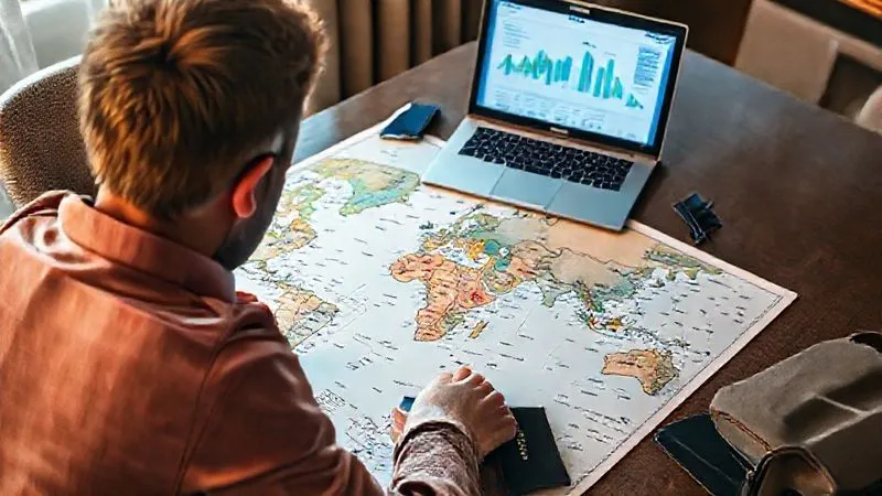 Photorealistic image of a traveler looking at a world map spread on a table, next to a laptop displaying financial planning charts and a passport. The scene has soft, warm lighting, suggesting careful preparation and foresight. Professional photography, 8K, cinematic lighting, sharp focus, depth of field, shot on a high-end DSLR. Photorealistic image of a traveler looking at a world map spread on a table, next to a laptop displaying financial planning charts and a passport. The scene has soft, warm lighting, suggesting careful preparation and foresight. Professional photography, 8K, cinematic lighting, sharp focus, depth of field, shot on a high-end DSLR.