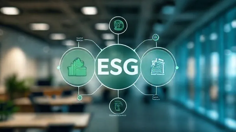 A stylized, modern infographic showing interconnected ESG factors (Environmental, Social, Governance) with data points and icons representing each pillar. The infographic uses a clean, professional design with a color palette of greens, blues, and grays. Photorealistic, 8K, cinematic lighting, sharp focus on the data, depth of field blurring a corporate office background. A stylized, modern infographic showing interconnected ESG factors (Environmental, Social, Governance) with data points and icons representing each pillar. The infographic uses a clean, professional design with a color palette of greens, blues, and grays. Photorealistic, 8K, cinematic lighting, sharp focus on the data, depth of field blurring a corporate office background.