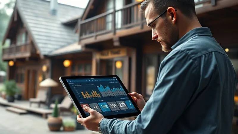 Photorealistic image of a hotel manager looking at a tablet displaying real-time water consumption data on a dashboard, with a backdrop of a rustic hotel, cinematic lighting, sharp focus, 8K, professional photography, shot on a high-end DSLR. Photorealistic image of a hotel manager looking at a tablet displaying real-time water consumption data on a dashboard, with a backdrop of a rustic hotel, cinematic lighting, sharp focus, 8K, professional photography, shot on a high-end DSLR.