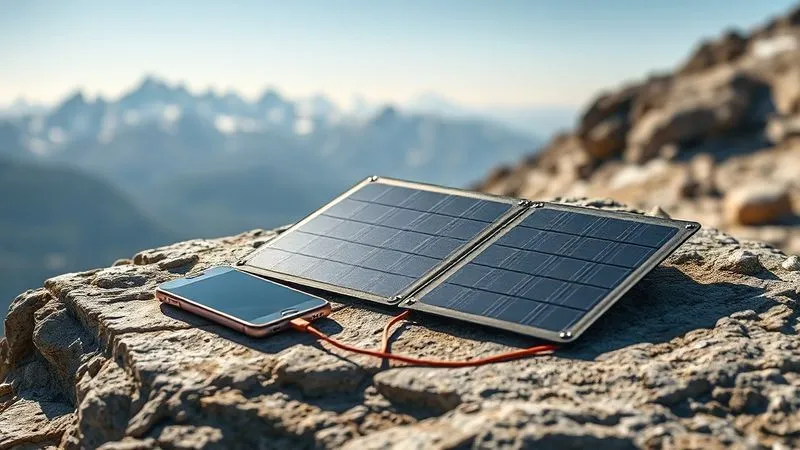 A photorealistic image of a compact, foldable solar panel laid out on a rock in a sunny mountain landscape, charging a smartphone. The panel is sleek and modern, with the rugged texture of the rock and distant snow-capped peaks in sharp focus. Cinematic lighting highlights the texture of the panel and the natural environment. Shot on a high-end DSLR, 8K, depth of field. No cartoon, illustration, text, or logos. A photorealistic image of a compact, foldable solar panel laid out on a rock in a sunny mountain landscape, charging a smartphone. The panel is sleek and modern, with the rugged texture of the rock and distant snow-capped peaks in sharp focus. Cinematic lighting highlights the texture of the panel and the natural environment. Shot on a high-end DSLR, 8K, depth of field. No cartoon, illustration, text, or logos.