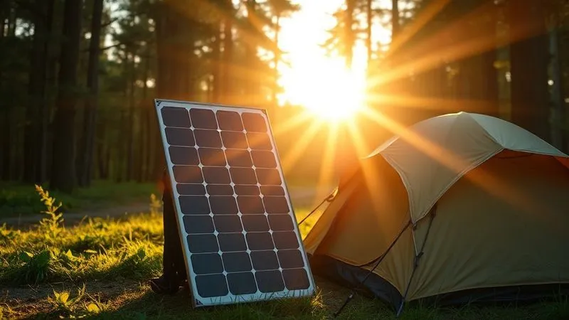 A photorealistic, professional photography, 8K, cinematic lighting, sharp focus, depth of field, shot on a high-end DSLR image of a flexible solar panel perfectly angled towards the rising sun, attached to a backpack leaning against a tent in a pristine forest clearing. Rays of sunlight are dappling through the trees, creating a serene and efficient energy harvesting scene. No cartoon, illustration, text, or logos. A photorealistic, professional photography, 8K, cinematic lighting, sharp focus, depth of field, shot on a high-end DSLR image of a flexible solar panel perfectly angled towards the rising sun, attached to a backpack leaning against a tent in a pristine forest clearing. Rays of sunlight are dappling through the trees, creating a serene and efficient energy harvesting scene. No cartoon, illustration, text, or logos.
