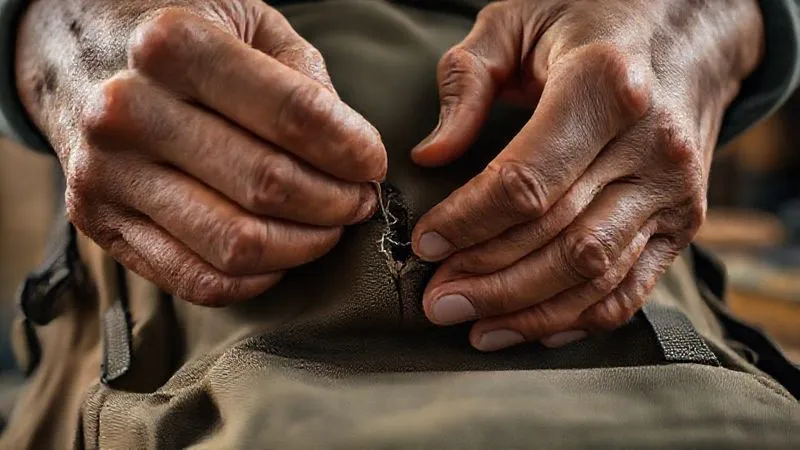 A photorealistic close-up shot of skilled hands, possibly a traveler's or a craftsman's, carefully stitching a tear on a rugged backpacking backpack with a needle and thread. The lighting is soft and focused on the hands and the repair, showing attention to detail and dedication to extending the life of the gear. Depth of field blurs a workshop or natural background. 8K hyper-detailed, professional photography. A photorealistic close-up shot of skilled hands, possibly a traveler's or a craftsman's, carefully stitching a tear on a rugged backpacking backpack with a needle and thread. The lighting is soft and focused on the hands and the repair, showing attention to detail and dedication to extending the life of the gear. Depth of field blurs a workshop or natural background. 8K hyper-detailed, professional photography.