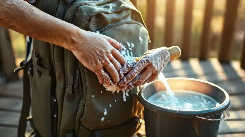 A photorealistic shot of a person gently cleaning a well-traveled backpacking backpack outdoors, perhaps on a wooden deck or patio. They are using a soft brush and a bucket of soapy water, meticulously scrubbing dirt off the fabric. The sunlight is soft, creating a warm, inviting atmosphere. Sharp focus on the cleaning process, with a natural background. 8K hyper-detailed, professional photography. A photorealistic shot of a person gently cleaning a well-traveled backpacking backpack outdoors, perhaps on a wooden deck or patio. They are using a soft brush and a bucket of soapy water, meticulously scrubbing dirt off the fabric. The sunlight is soft, creating a warm, inviting atmosphere. Sharp focus on the cleaning process, with a natural background. 8K hyper-detailed, professional photography.
