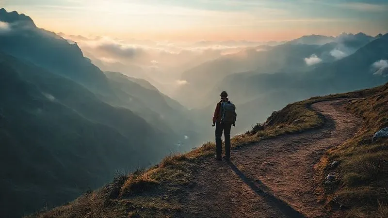 A photorealistic, professional photography, 8K, cinematic lighting, sharp focus, depth of field, shot on a high-end DSLR, of a lone backpacker standing on a winding dirt path overlooking a vast, untouched mountain range shrouded in mist at dawn. The backpacker is small in the frame, emphasizing the remoteness and grandeur of nature, with a subtle sense of vulnerability and adventure.