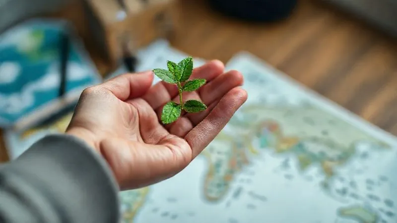 A photorealistic, professional photography, 8K, cinematic lighting, sharp focus, depth of field, shot on a high-end DSLR, of a person's hand gently holding a small, vibrant green seedling, with travel documents and a blurred world map in the background. The image symbolizes the intersection of responsible travel, nature conservation, and planning for the future.