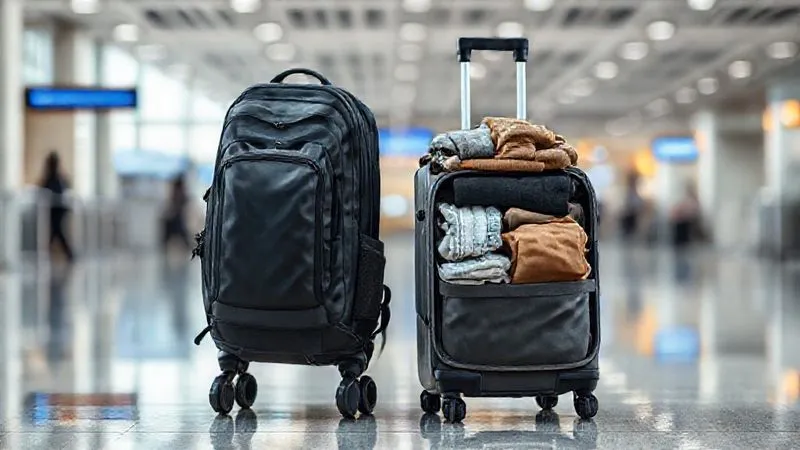 A photorealistic, professional photography, 8K image of a minimalist, sleek travel backpack and a lightweight carry-on suitcase, neatly packed with versatile clothing items. The background is a blurred airport departure lounge, suggesting readiness for a sustainable journey. Cinematic lighting, sharp focus on the luggage, depth of field, shot on a high-end DSLR. A photorealistic, professional photography, 8K image of a minimalist, sleek travel backpack and a lightweight carry-on suitcase, neatly packed with versatile clothing items. The background is a blurred airport departure lounge, suggesting readiness for a sustainable journey. Cinematic lighting, sharp focus on the luggage, depth of field, shot on a high-end DSLR.