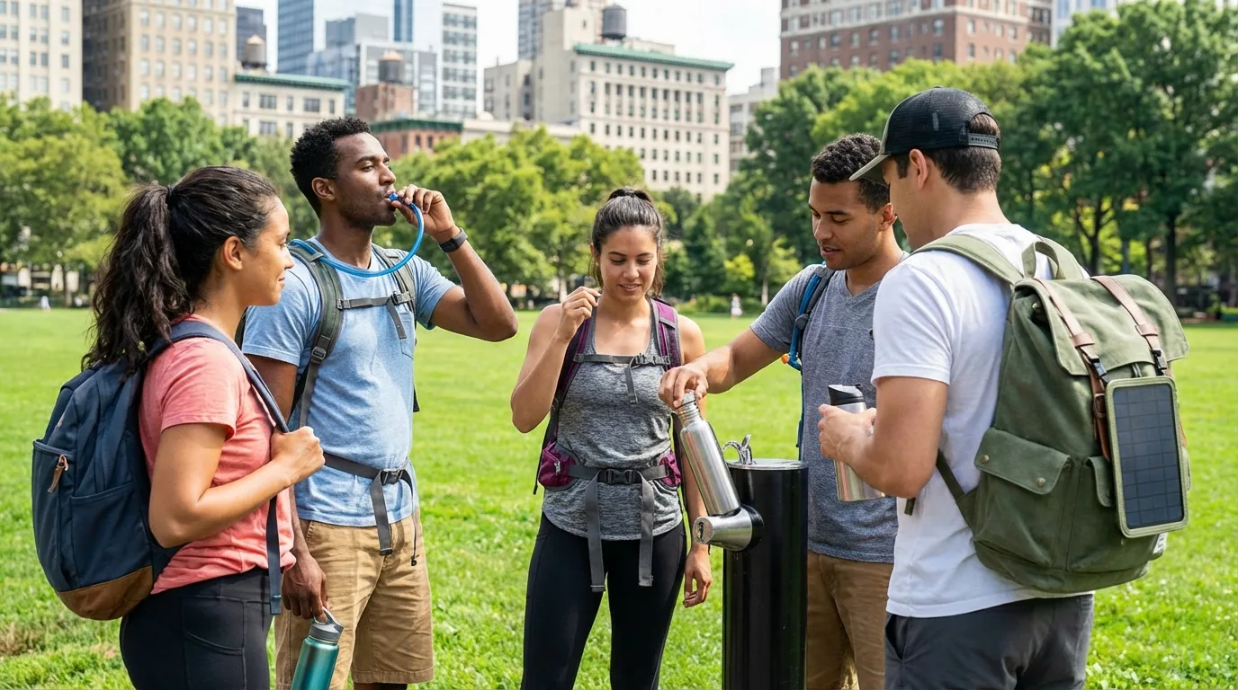 Um grupo de pessoas fazendo uma pausa durante o trekking urbano para se hidratar. A hidratação é essencial para evitar lesões e manter a energia durante a atividade.